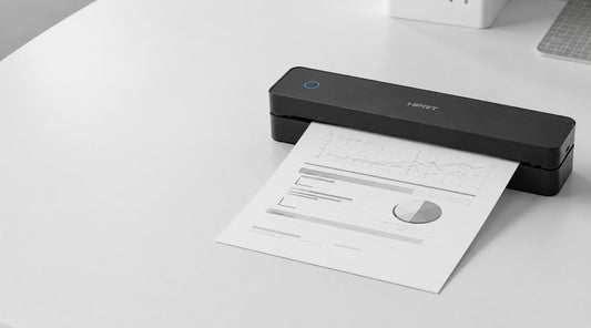 LumiFlick inkless portable printer producing a clear monochrome A4 document