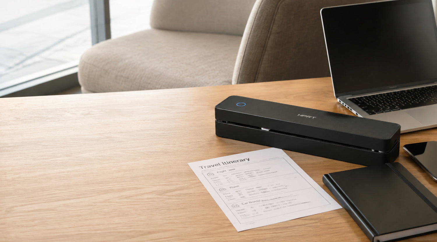 LumiFlick portable printer with a laptop and travel document in a remote work setting