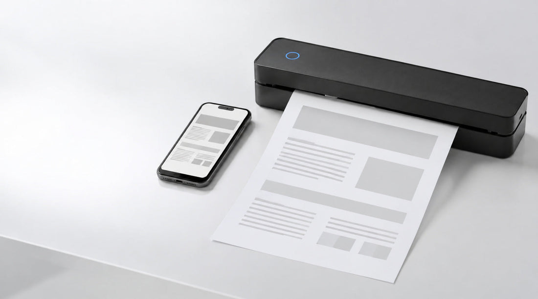 Smartphone beside a LumiFlick portable printer producing an A4 document