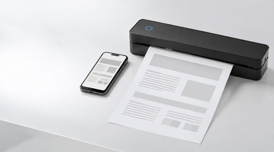 Smartphone beside a LumiFlick portable printer producing an A4 document
