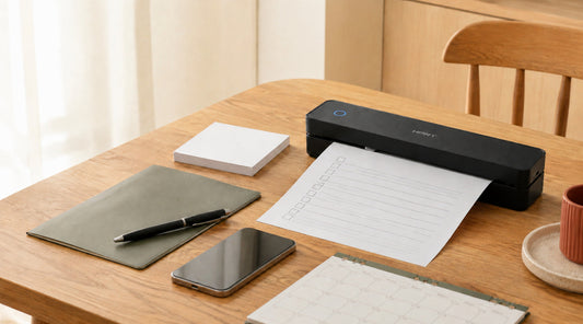 LumiFlick inkless printer producing a household checklist on a dining table