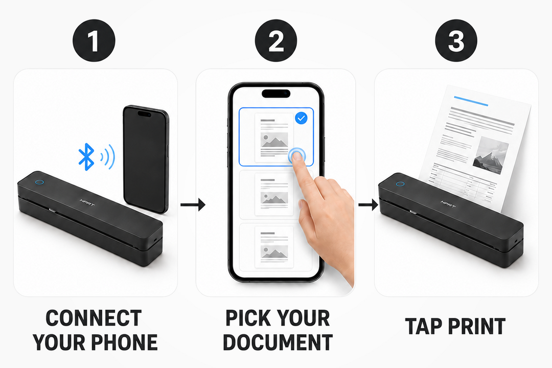 How the LumiFlick Inkless Portable Printer works: connect your phone, pick your document and tap print